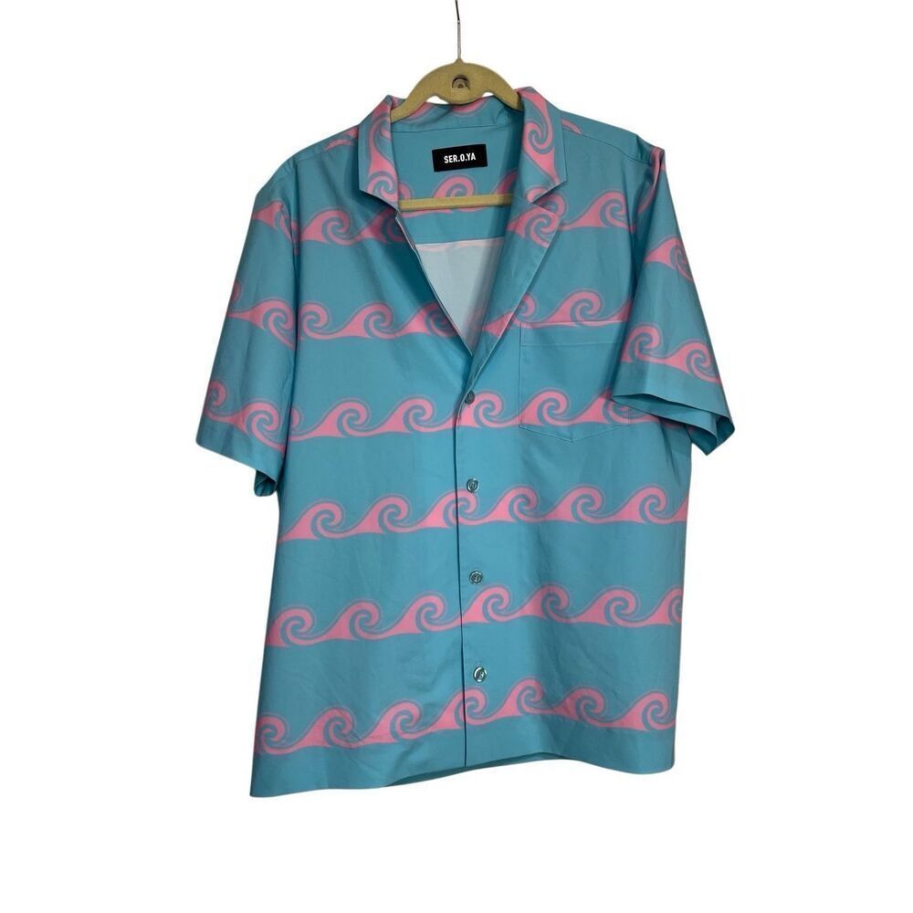 Revolve SER.O.YA Shirt Mens Size XL Blue Pink Wave Print‎ Lei Button Down NWOT